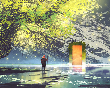 Video game character walking towards a gate in a sci-fi world.