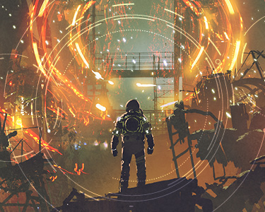 Game character entering a fiery environment