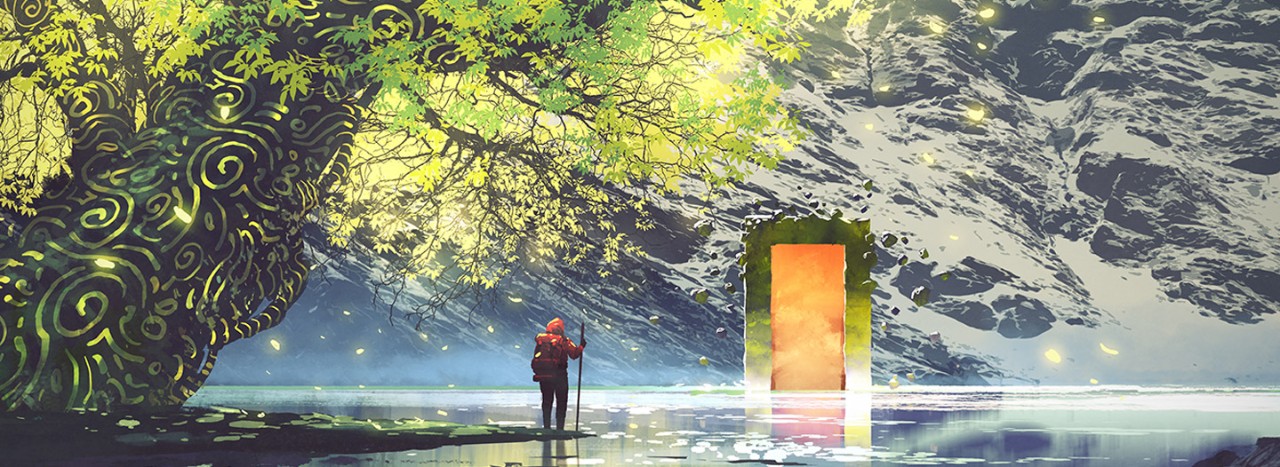 Figur in einem Videospiel, die in einer futuristischen Welt auf ein Portal zugeht. 