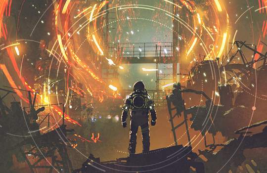 Game character entering a fiery environment