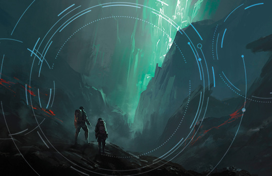 Characters exploring sci-fi world 