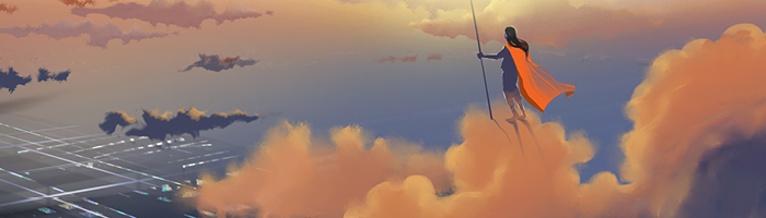 video game hero standing on a cloud