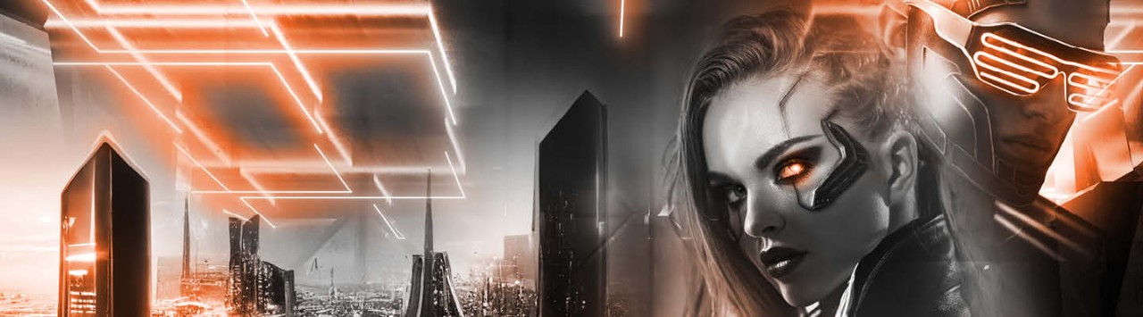 Persona cyberpunk circondata da luci