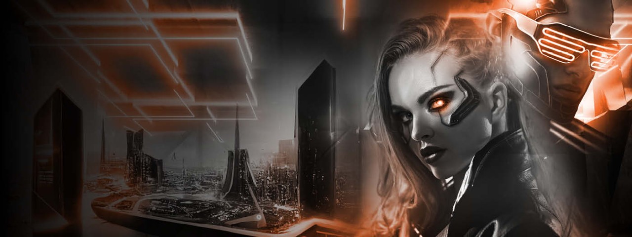 Cyberpunk-person omgiven av ljus 