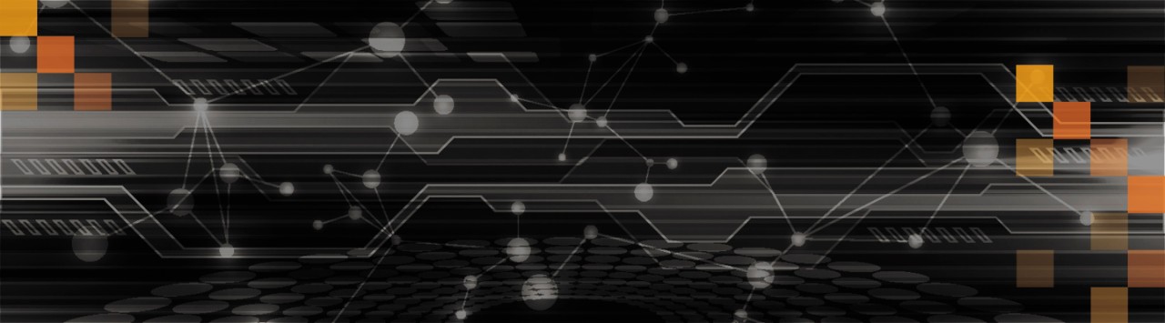 An abstract representation of data flow with grayscale lines and hexagonal details, overlaid by translucent orange cubes.