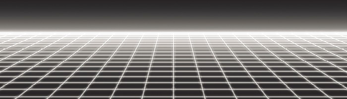 A white floor grid on a dark grey background fades into the distance.